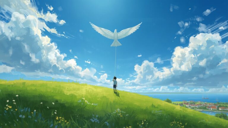 A boy stands alone on a green hilltop flying a large white bird-shaped kite against a bright blue sky, with a small harbour town and the sea far below.