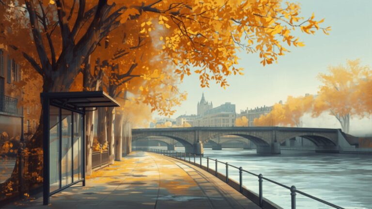 A glass bus shelter on a riverside pavement on a bright autumn afternoon, with golden trees, railings and a stone bridge over the water.