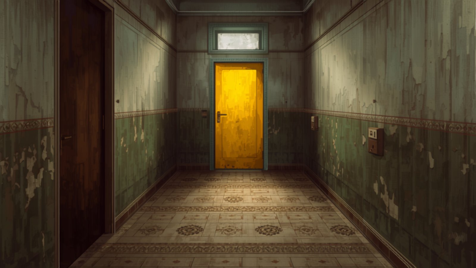 A dim hallway in an old apartment building with a worn tiled floor, a plain brown door to one side and a bright sunflower-yellow door glowing at the end.