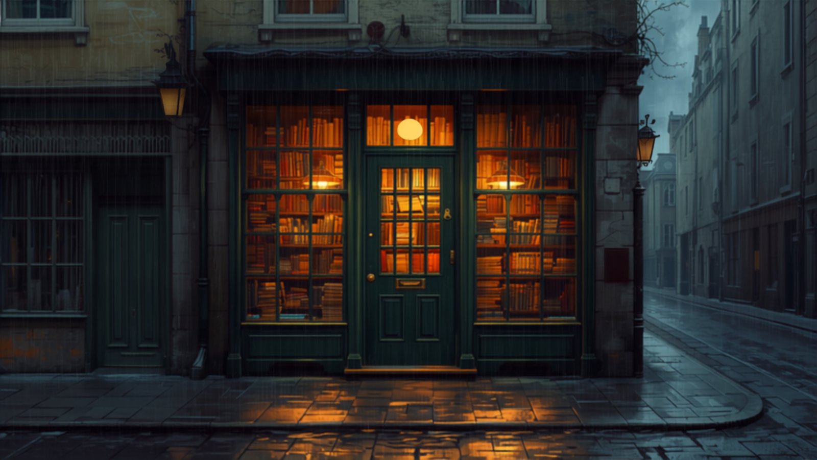 A small bookshop with a green door glowing warmly on a rainy cobbled street at dusk, its bay window packed with books.