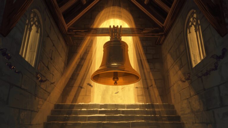 A large bronze bell hanging on dark oak beams inside an old stone church tower, lit by golden evening light, with small bats in the shadows.