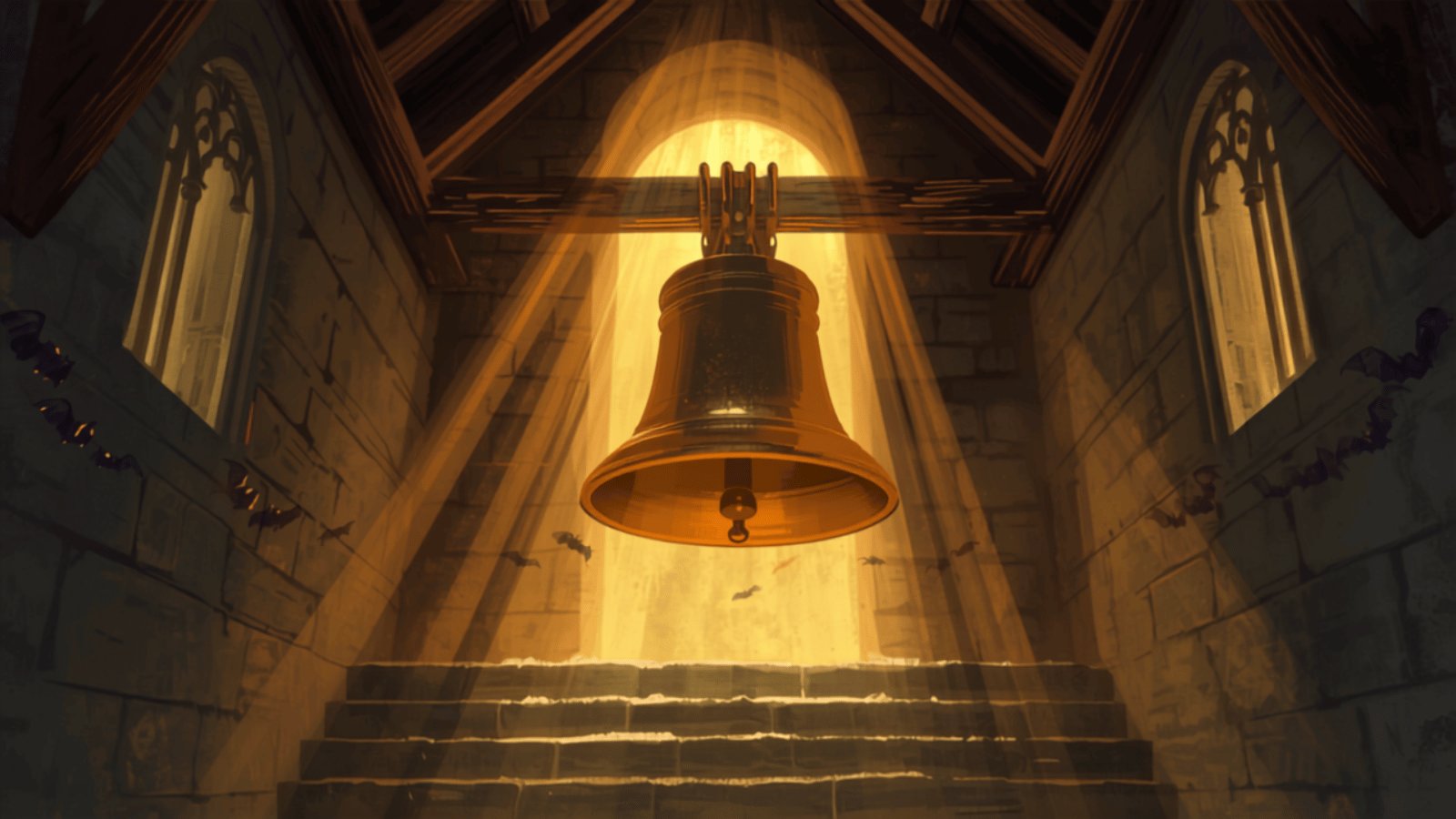 A large bronze bell hanging on dark oak beams inside an old stone church tower, lit by golden evening light, with small bats in the shadows.