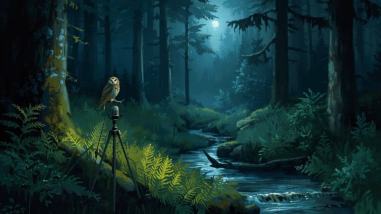A recording microphone on a tripod standing among ferns in a moonlit wood at night, with a tawny owl perched just above it and a stream behind.