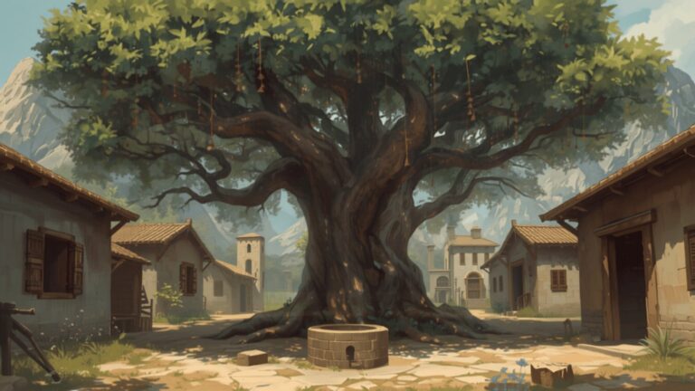 A small stone mountain village square with an enormous old walnut tree shading a dry stone well, houses around it and rocky peaks behind.
