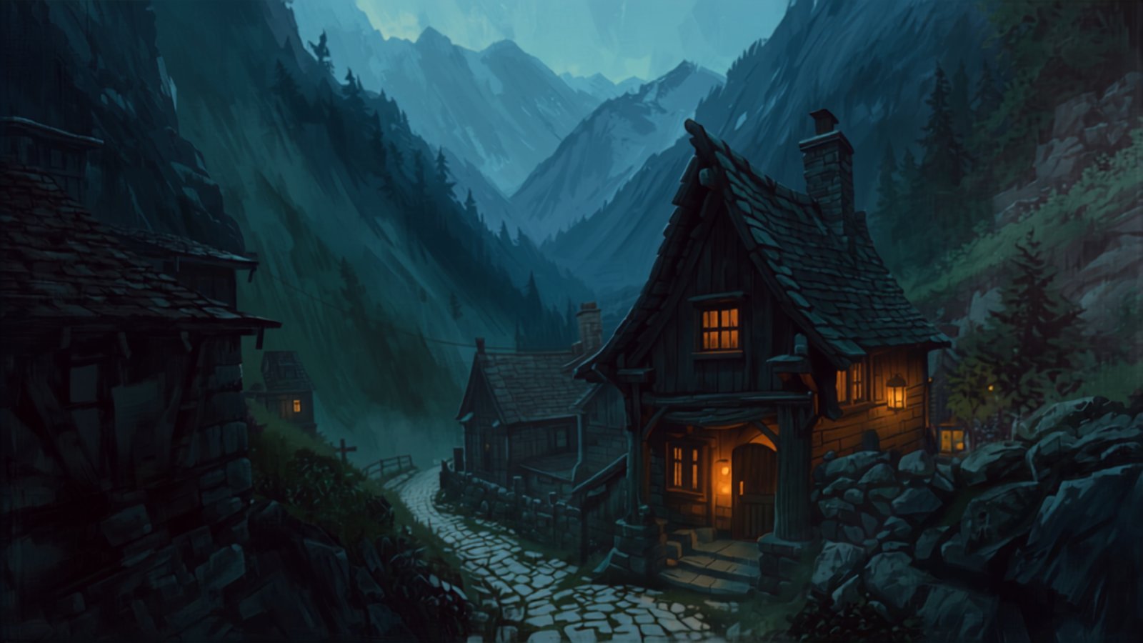 A crooked timber cottage with one lit window stands at the end of a cobbled lane in a deep, narrow mountain valley at dusk.