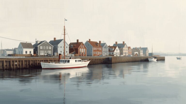 A small white and red ferry tied up at a wooden quay in a quiet northern coastal town, with painted timber houses along the shore and calm grey water.