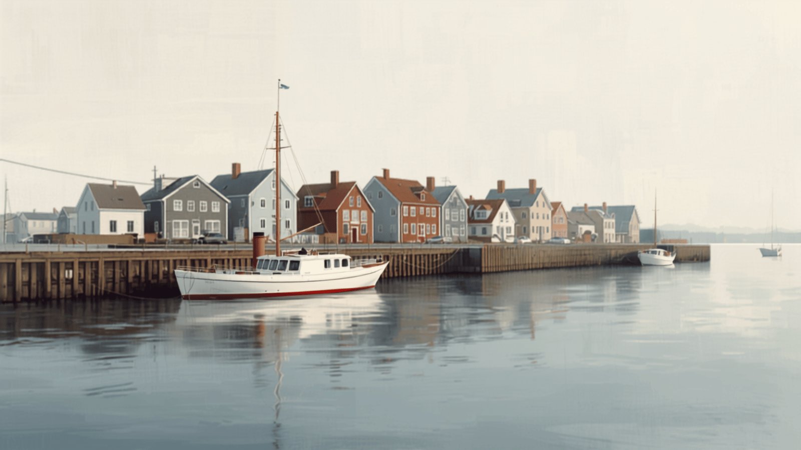 A small white and red ferry tied up at a wooden quay in a quiet northern coastal town, with painted timber houses along the shore and calm grey water.