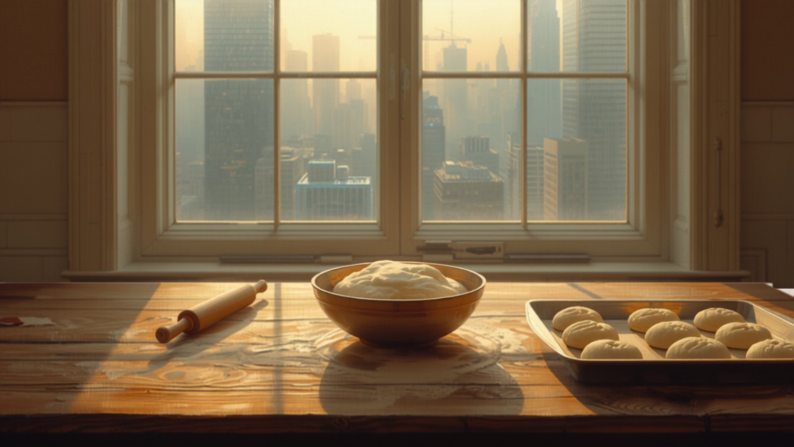 A floury kitchen table at dawn with a bowl of risen dough, a rolling pin and a tray of shaped rolls, with grey city office towers visible through the window.