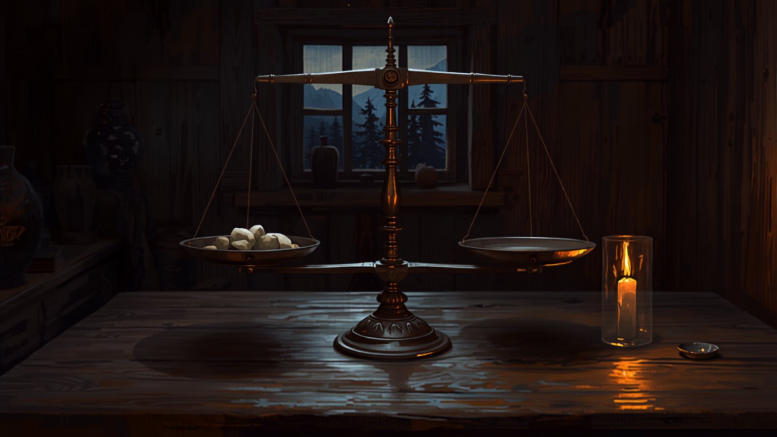 An old brass balance scale on a wooden table in a dim mountain cottage, with a heap of pale glowing stones in one pan and the other pan empty, lit by a candle.
