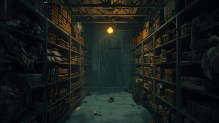 A dim underground lost property store beneath a railway station, with long shelves of forgotten umbrellas, cases and boxes lit by a single hanging bulb.