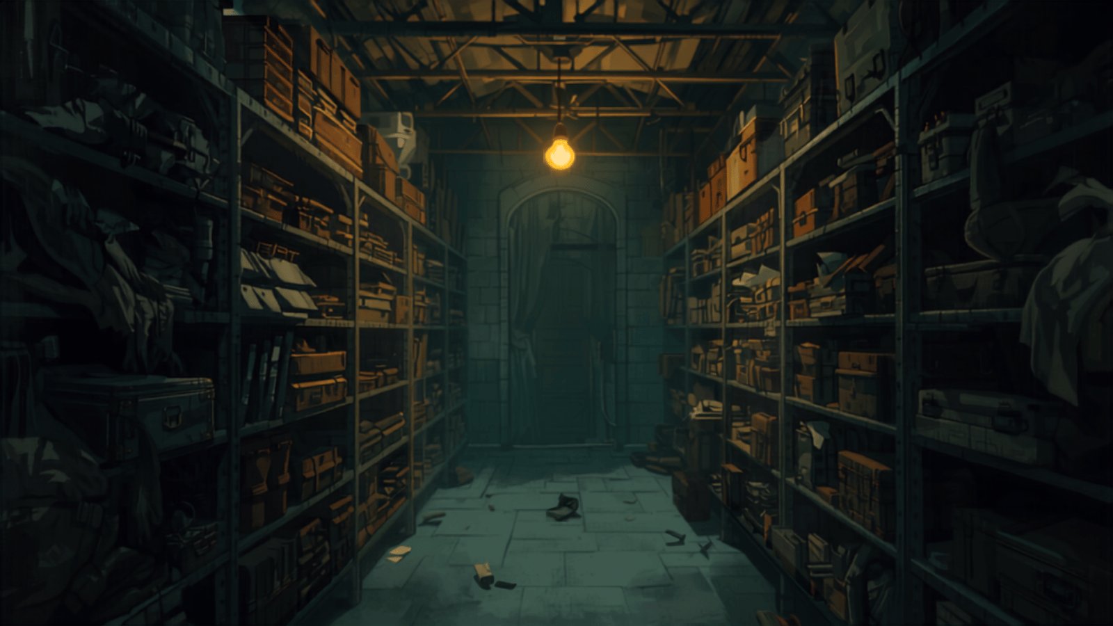 A dim underground lost property store beneath a railway station, with long shelves of forgotten umbrellas, cases and boxes lit by a single hanging bulb.