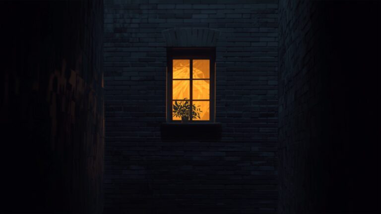 One warmly lit window with a plant on the sill, glowing in a dark brick wall across a narrow night-time courtyard.