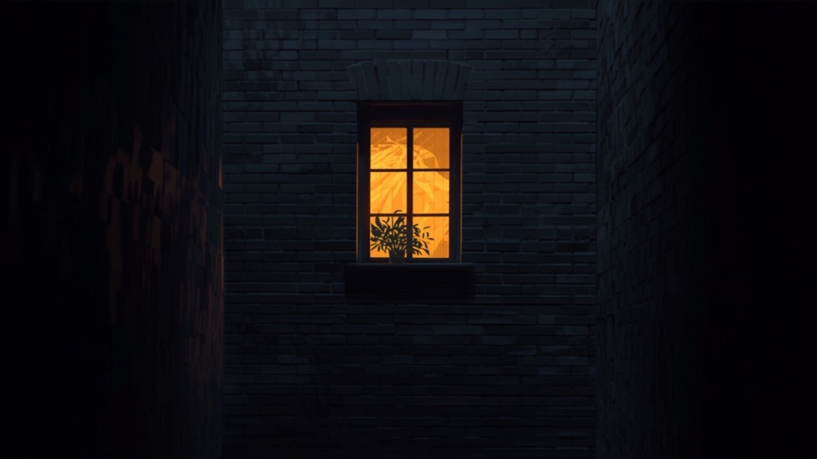 One warmly lit window with a plant on the sill, glowing in a dark brick wall across a narrow night-time courtyard.