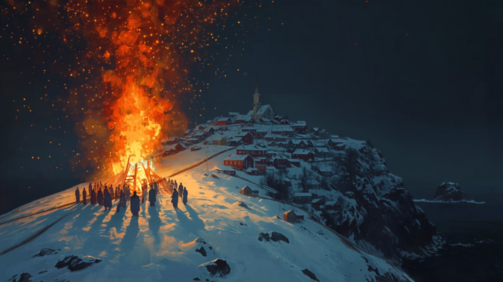 A tall bonfire burns on a snowy hillside above a small village of red wooden houses and a church tower, with a crowd of dark figures gathered around it and sparks rising into the night.