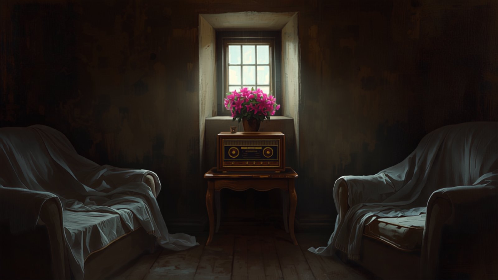An old wooden wireless radio sits on a table beneath a small cottage window filled with pink fuchsia flowers, with dust sheets over the chairs in the dim room.