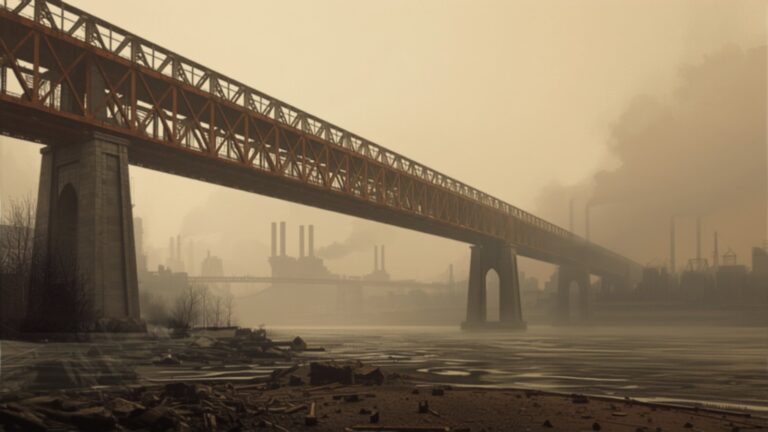A great rust-red iron bridge crosses a wide grey river in an old industrial city, with factory chimneys smoking on the far bank in the morning haze.