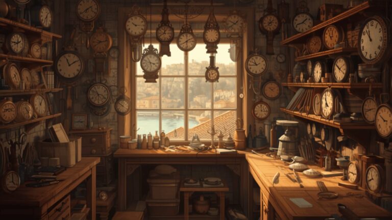 The inside of a small old clock repair shop, walls covered in antique clocks, with tools on a workbench and a window looking out over a river town.