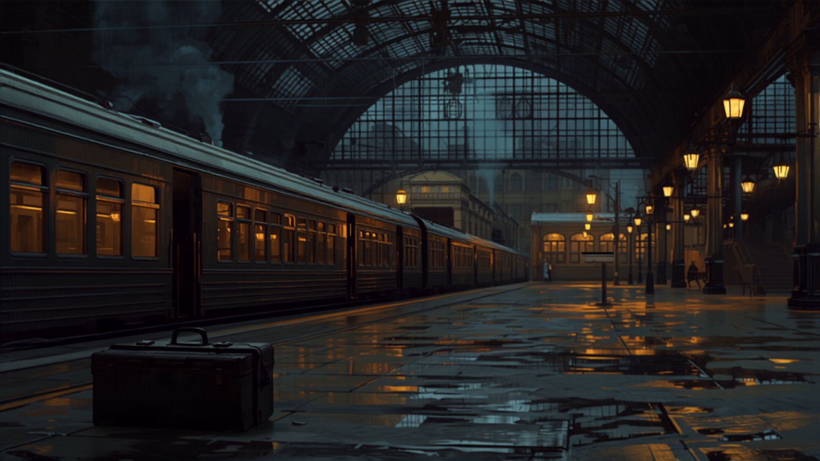 A long train waits at an old European railway station platform in the evening under an arched glass roof, with a single suitcase standing alone on the wet platform.