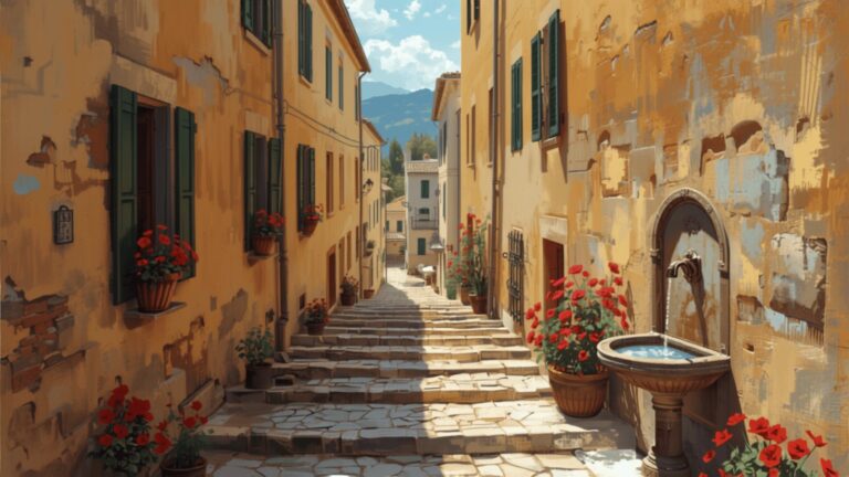 A narrow cobbled lane climbing between honey-coloured stone houses with green shutters and pots of red geraniums, with a stone water fountain and mountains beyond.